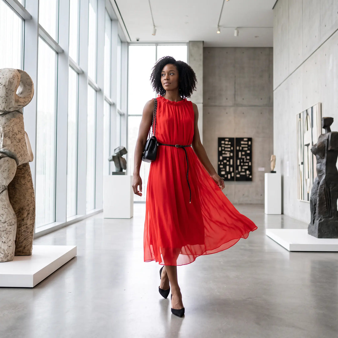 Woman wearing a vibrant red sleeveless silk midi dress with a ruffled neckline and braided belt, strolling through a modern art gallery.