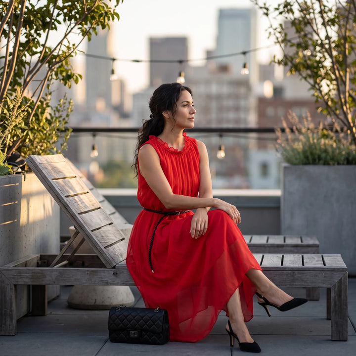 Woman wearing an elegant red sleeveless pure silk midi slip dress with a ruffled neckline and braided belt, sitting on a rooftop lounge chair at dusk.