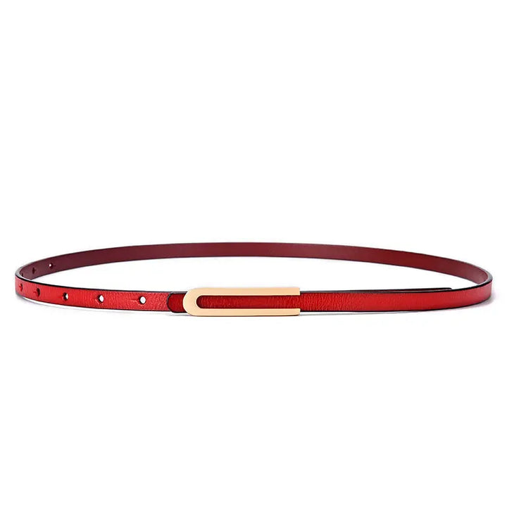 Thin red leather belt with a polished gold-tone U-shaped buckle, shown flat lay against a white background.