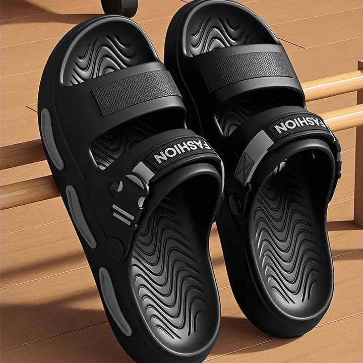 Black Rhyza chunky platform slide sandals with dual adjustable &