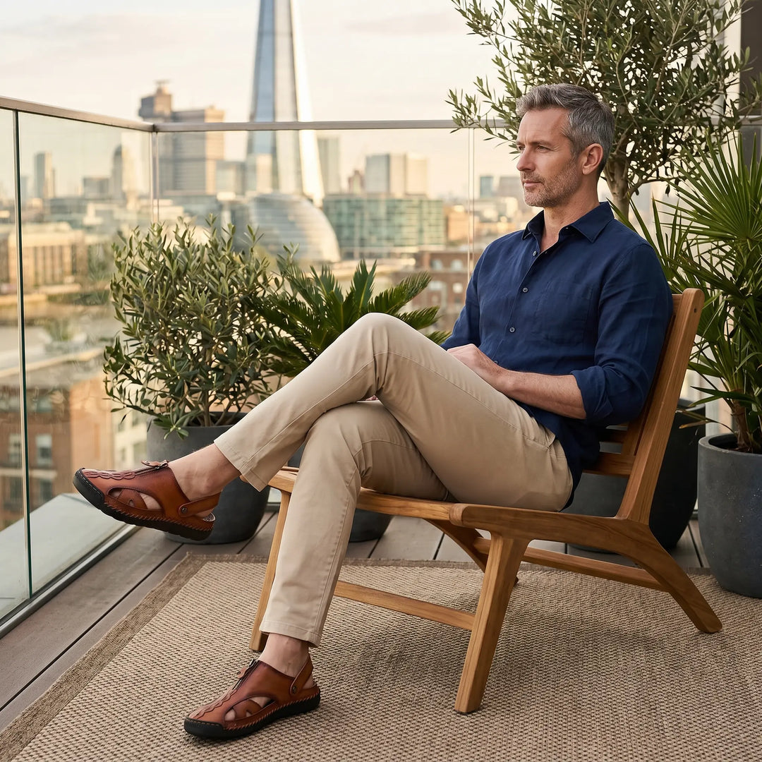 Man relaxing on a balcony overlooking a city skyline, wearing Riveno&