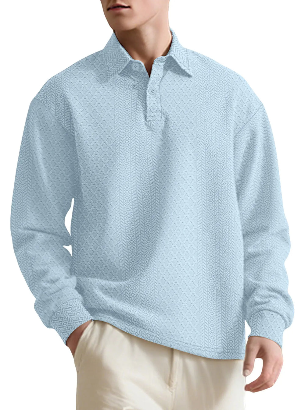 Men's light blue long-sleeved polo shirt with a sophisticated geometric jacquard weave, relaxed fit, classic collar, and ribbed cuffs and hem.