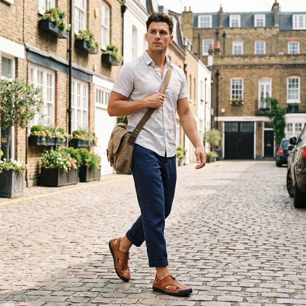 Men's Riveno closed-toe sandals in tan leather-like material, featuring a diagonal zipper and adjustable heel strap, worn by a man walking on a European cobblestone street.