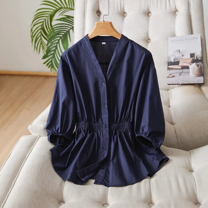Rixal - V-Neck Cotton Blouse Elasticated Waist