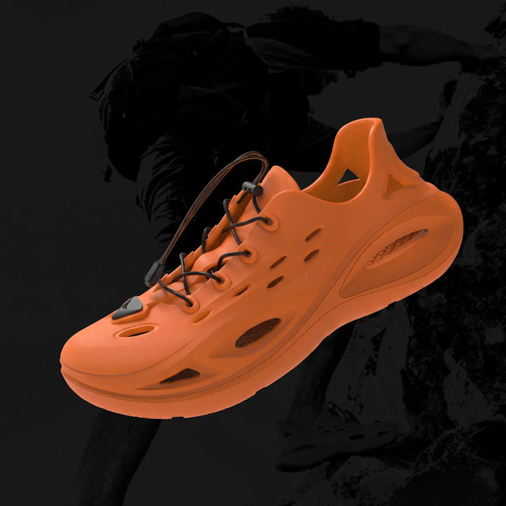 A bright Signal Orange athletic slide sandal with black bungee laces, featuring a molded EVA construction, perforated vamp, and a chunky geometric tread sole, displayed against a dark, textured background with color matching text.