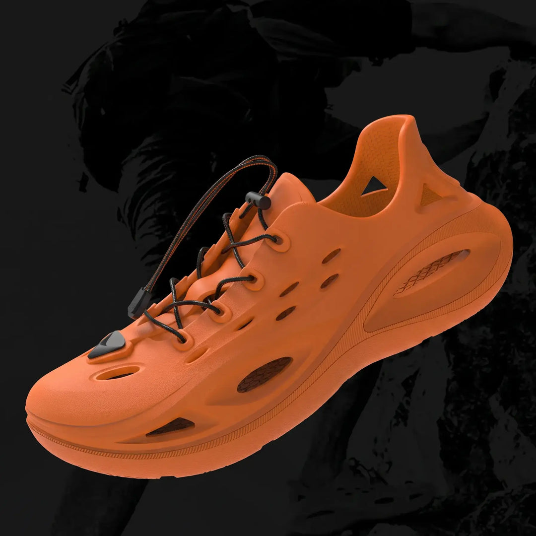 A bright Signal Orange athletic slide sandal with black bungee laces, featuring a molded EVA construction, perforated vamp, and a chunky geometric tread sole, displayed against a dark, textured background with color matching text.