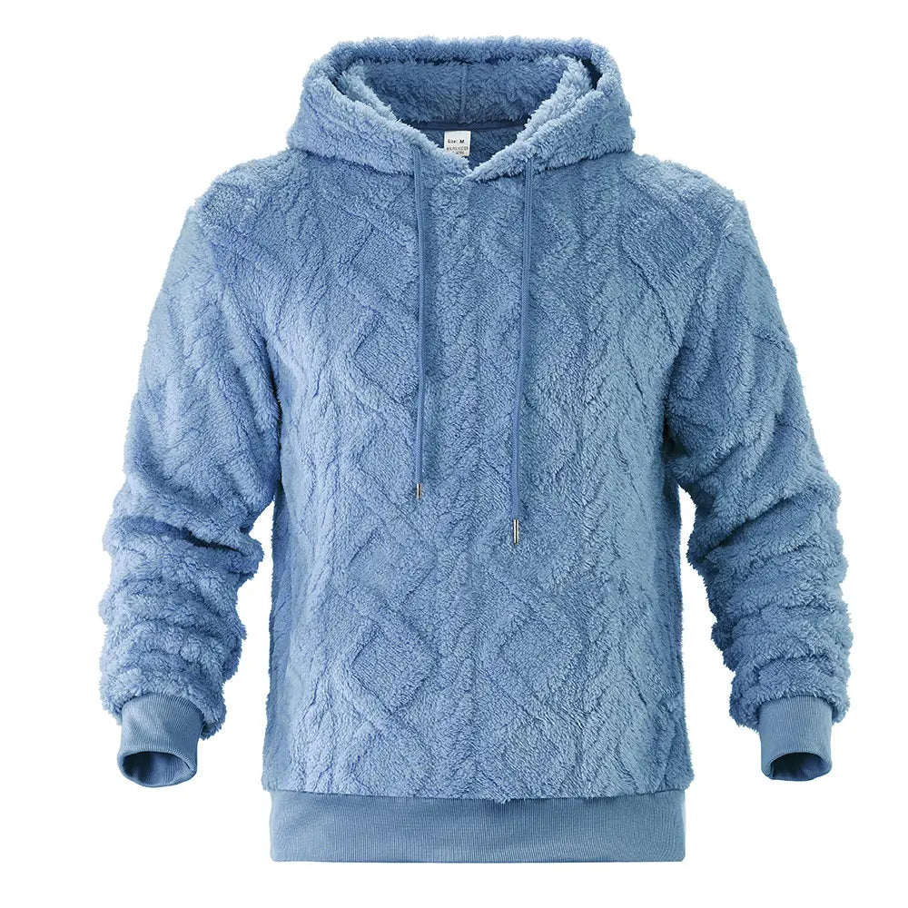 A sky blue textured fleece hoodie with a drawstring hood, ribbed cuffs, and a kangaroo pocket, presented in a front view against a clean white background.