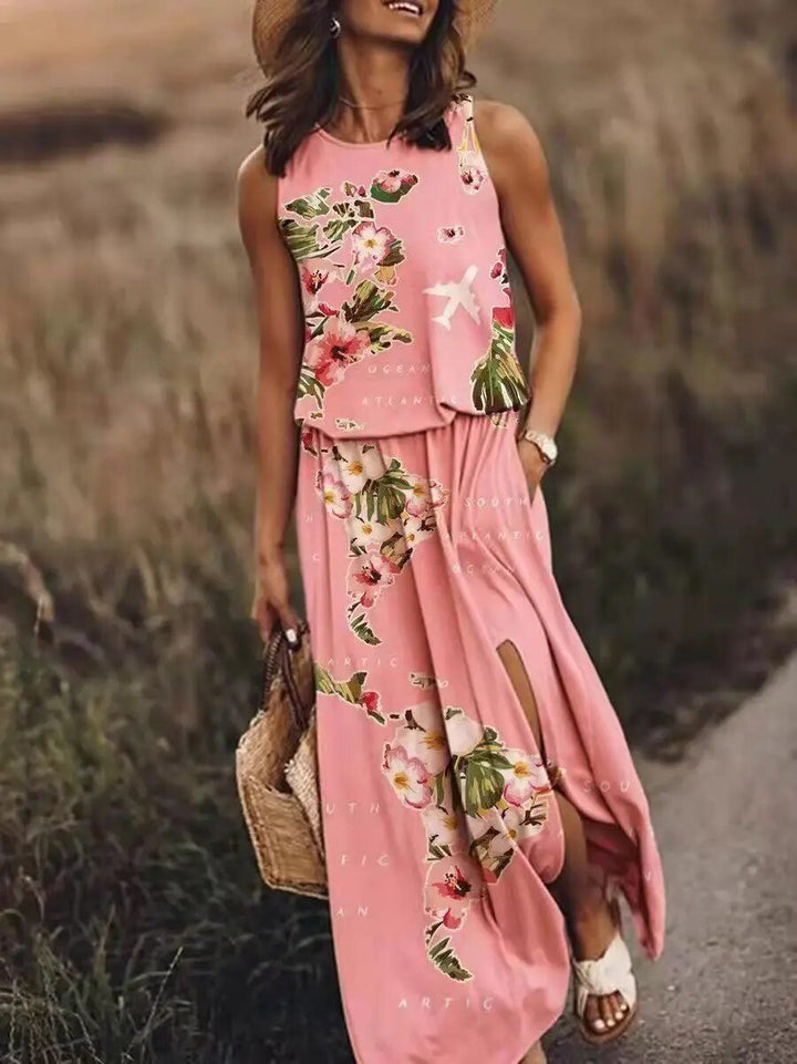 Sleeveless Boho Maxi Dress with Elastic Waist