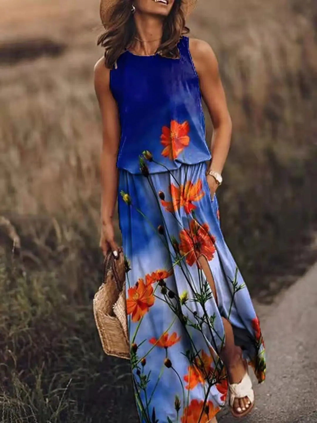 Sleeveless Boho Maxi Dress with Elastic Waist