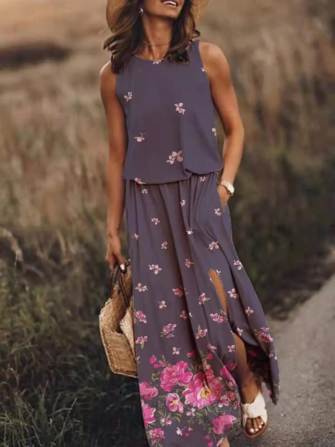 Sleeveless Boho Maxi Dress with Elastic Waist