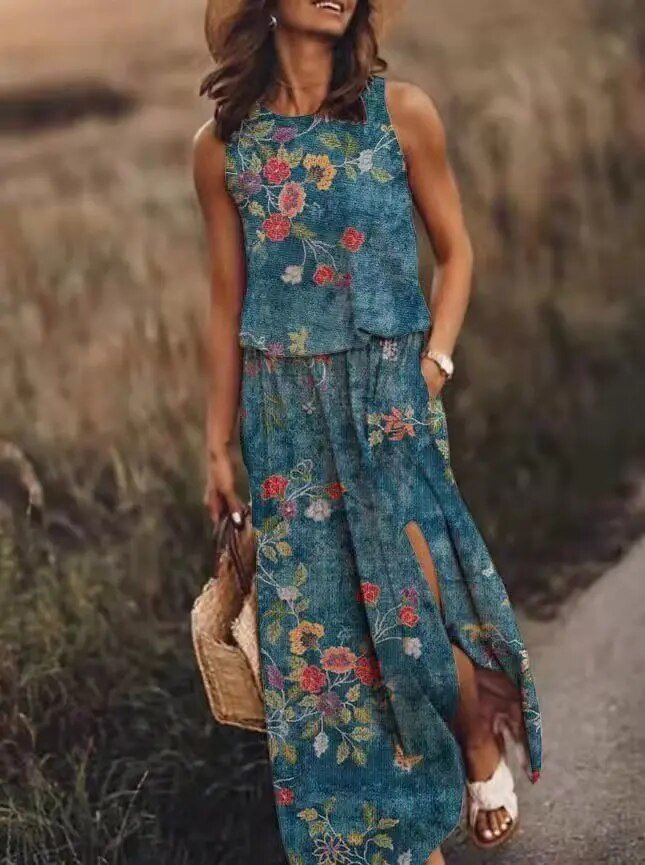 Sleeveless Boho Maxi Dress with Elastic Waist