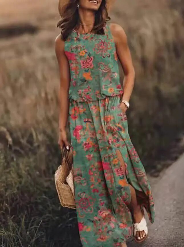 Sleeveless Boho Maxi Dress with Elastic Waist