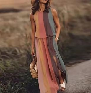 Sleeveless Boho Maxi Dress with Elastic Waist
