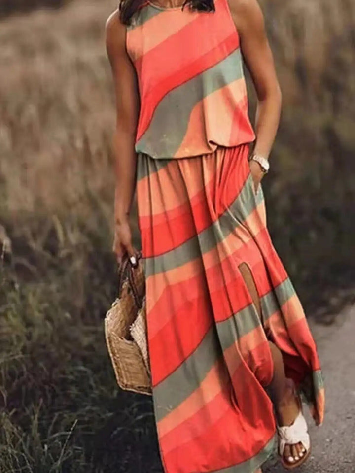 Sleeveless Boho Maxi Dress with Elastic Waist