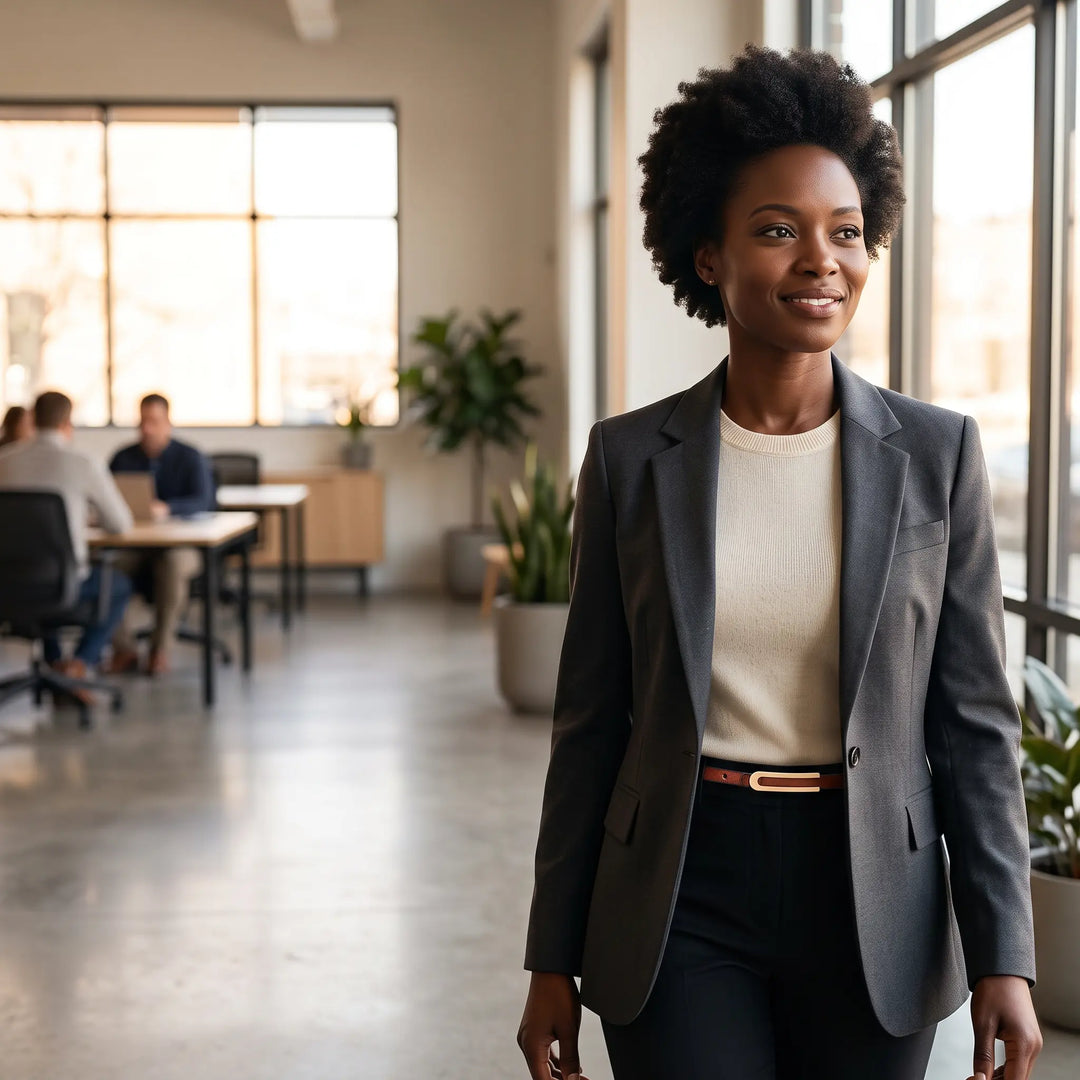 Woman in a business suit walking through a modern office, wearing a slim brown leather belt with a polished gold-tone U-shaped buckle.