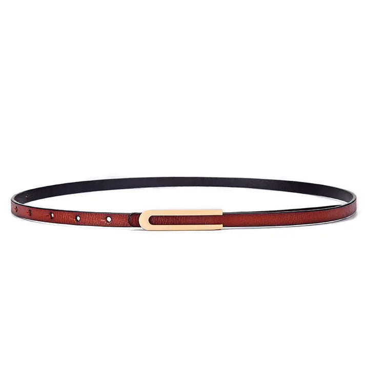 Slim red-brown leather belt with polished gold-tone U-shaped buckle, shown flat lay against a white background.