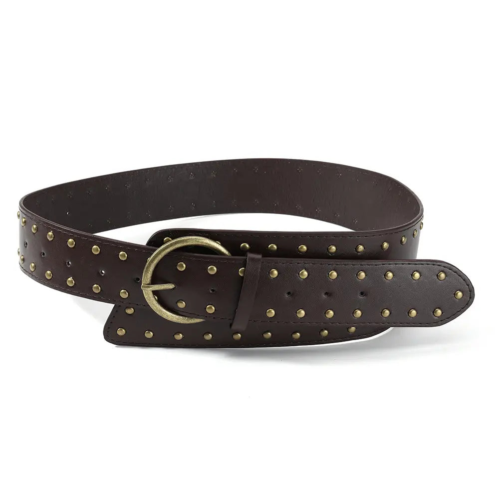 Dark brown PU leather wide belt adorned with uniform antique brass studs and a matching D-ring pin buckle, presented in a flat lay.