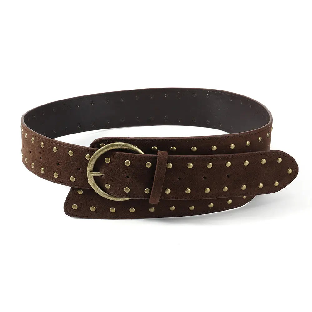 Dark brown studded wide leather belt with antique brass D-ring pin buckle and a matching keeper loop.