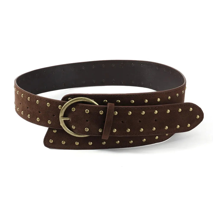 Dark brown studded wide leather belt with antique brass D-ring pin buckle and a matching keeper loop.