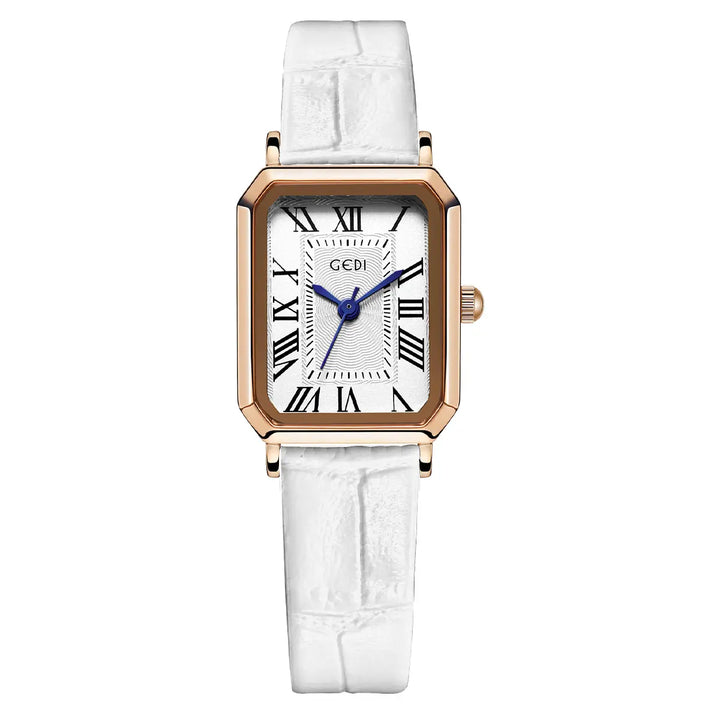 A Tarkhan elegant rectangular rose gold watch with a white dial, Roman numerals, blue hands, and a white embossed leather strap, presented from a front view.