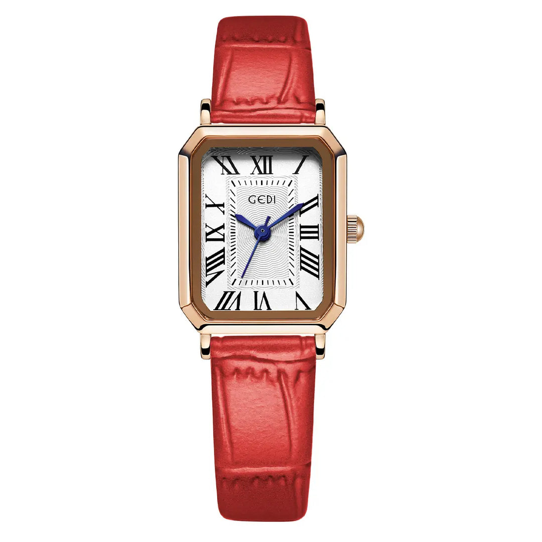 Tarkhan elegant rectangular rose gold watch with a white dial, Roman numerals, blue hands, and a vibrant red embossed leather strap.