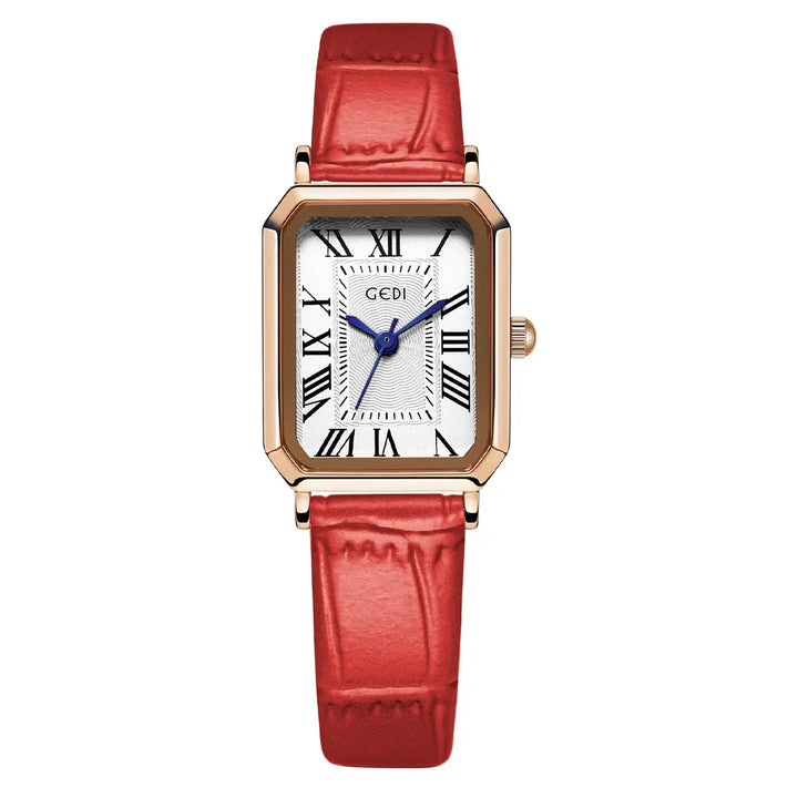 Tarkhan elegant rectangular rose gold watch with a white dial, Roman numerals, blue hands, and a vibrant red embossed leather strap.