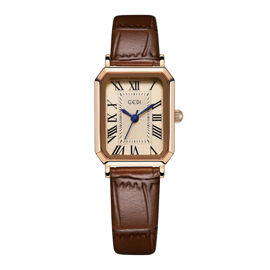 Elegant rectangular rose gold watch with a champagne dial, Roman numerals, blue hour and minute hands, and a textured brown leather strap, presented front-on.