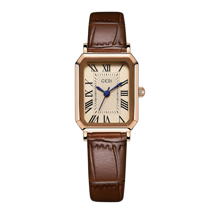 Elegant rectangular rose gold watch with a champagne dial, Roman numerals, blue hour and minute hands, and a textured brown leather strap, presented front-on.