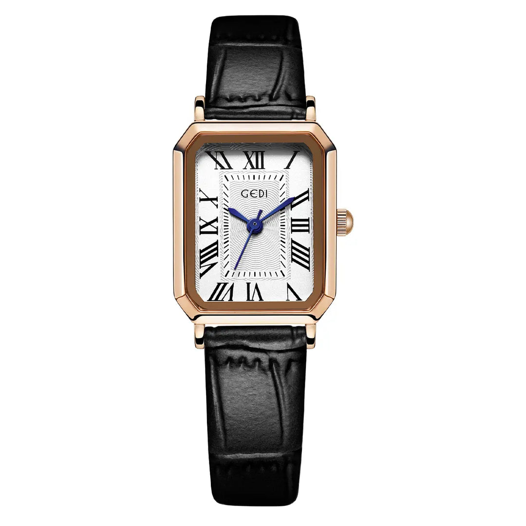 Tarkhan rectangular rose gold watch with a white dial, Roman numerals, and blue hands, paired with a black embossed leather strap.