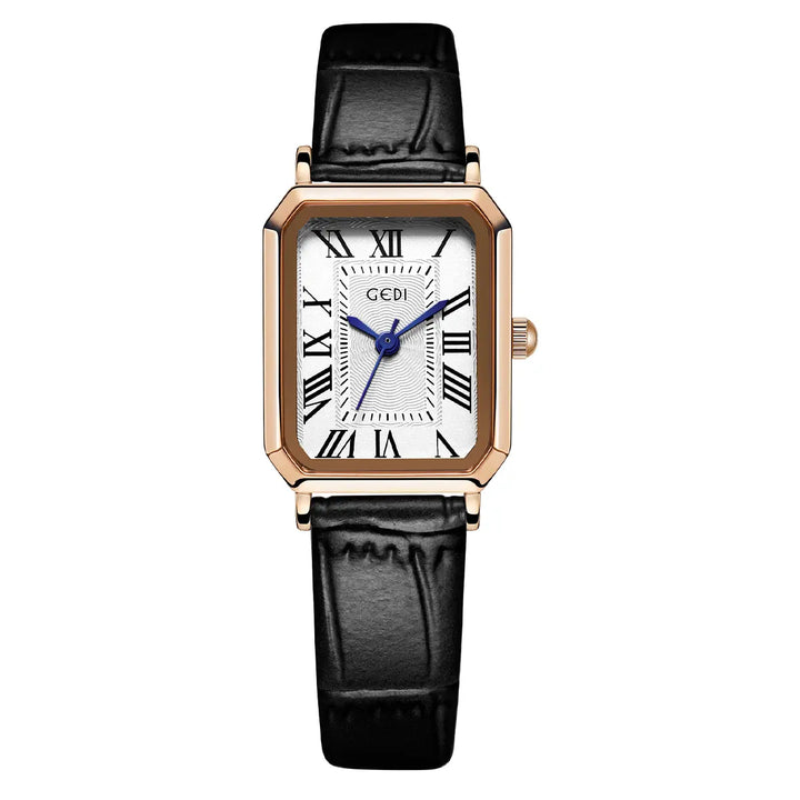 Tarkhan rectangular rose gold watch with a white dial, Roman numerals, and blue hands, paired with a black embossed leather strap.