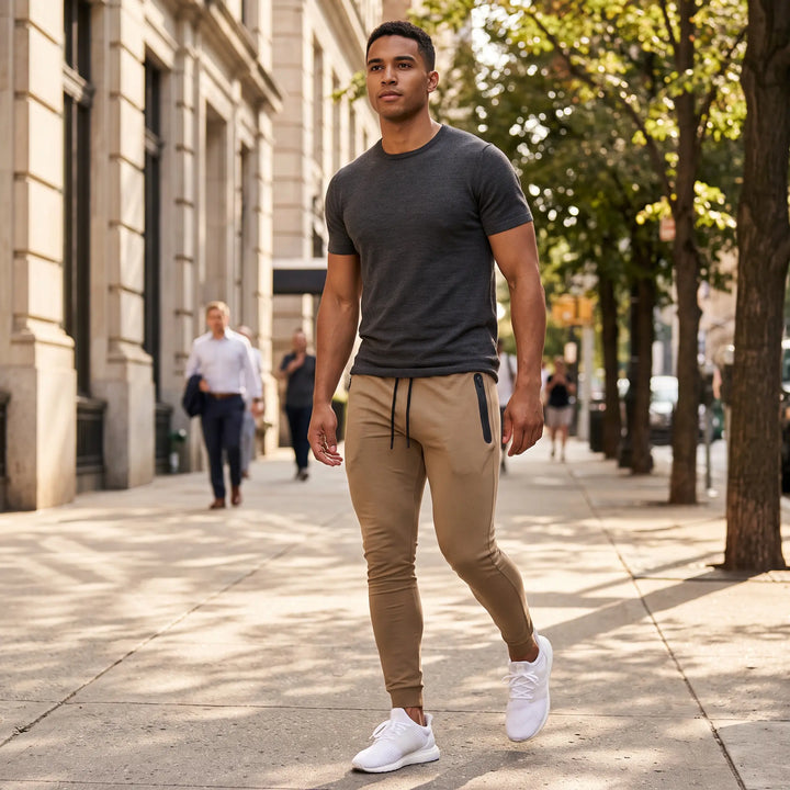 Man wearing taupe performance knit tapered joggers with zippered side pockets and elasticated cuffs, walking down a sunny urban street.