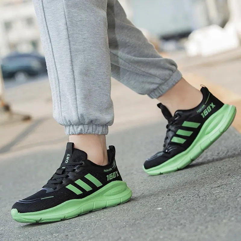 Lifestyle shot of black Trovik low-top sneakers with mint green stripes and chunky sole, worn by a person walking outdoors.