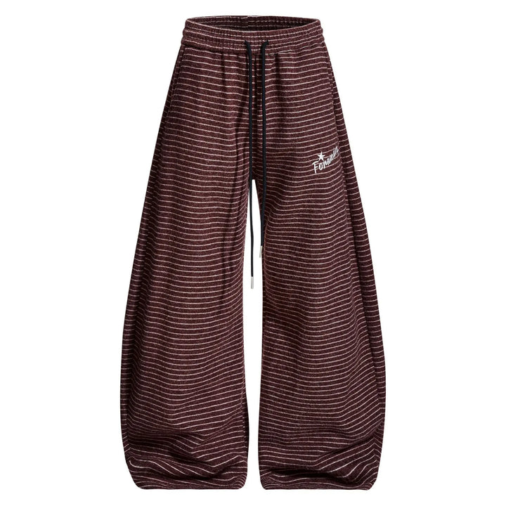 Vazel Retro Wide Leg Trousers in muted burgundy with fine white pinstripes, featuring a high waist, drawstring, and voluminous leg. These unisex pants offer vintage comfort and style.