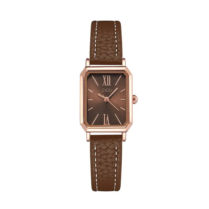 Elegant rose gold rectangular watch with a brown dial, Roman numeral markers, and a brown faux leather strap featuring white contrast stitching.