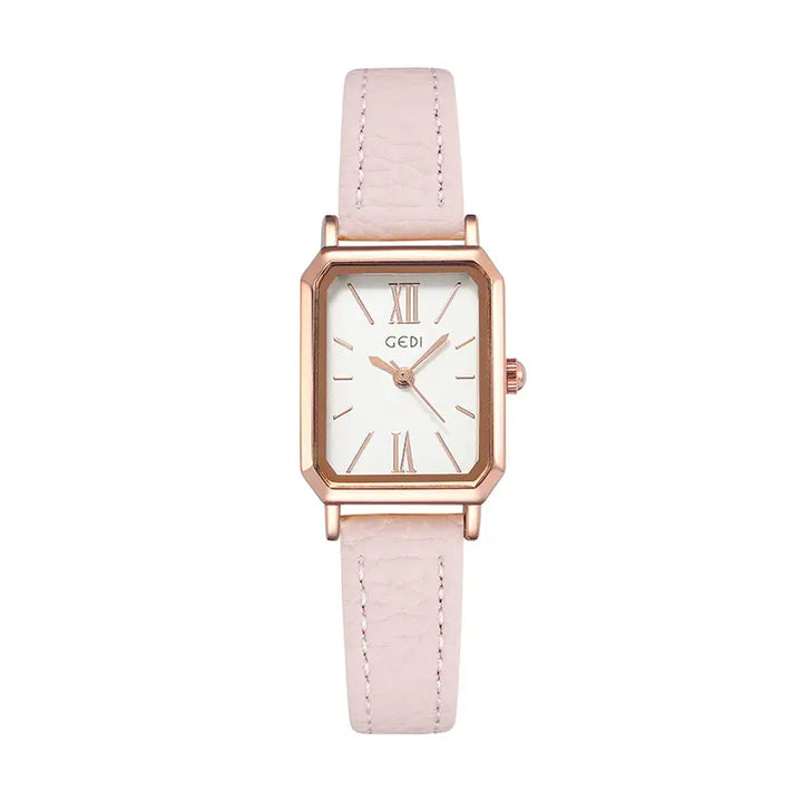 Elegant rose gold rectangular watch with a white dial featuring Roman numerals and baton markers, paired with a light pink faux leather strap with white contrast stitching.