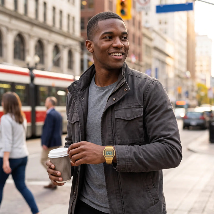 A man in a city street wears a gold-toned Vexil retro digital stainless steel watch on his wrist while holding a coffee cup.