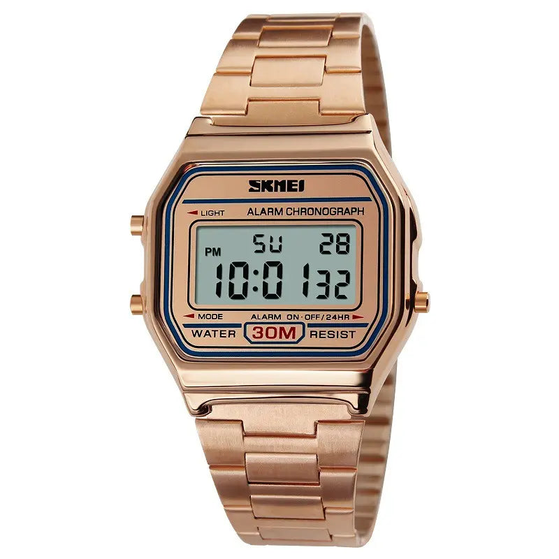 Rose gold Vexil retro digital stainless steel watch, front view, showcasing a polished case, link bracelet, and bright blue backlit LCD display with date and time.