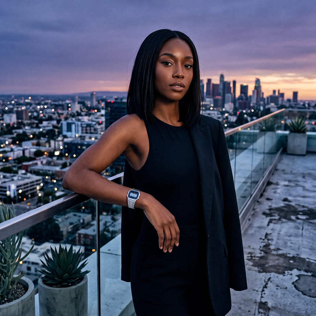 A woman wearing a silver Vexil retro digital stainless steel watch on her wrist, leaning on a railing on a city rooftop at dusk.