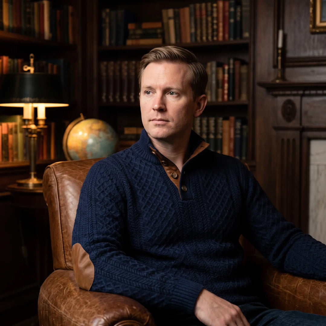 Man wearing a deep navy blue Vexta textured cable knit sweater with a stand collar and brown faux leather elbow patches, seated in a leather chair in a study.