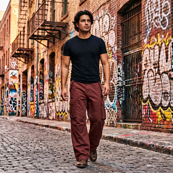Man wearing Vextar relaxed fit, wide-leg, rust-colored cotton cargo pants with multiple pockets, walking down a street.