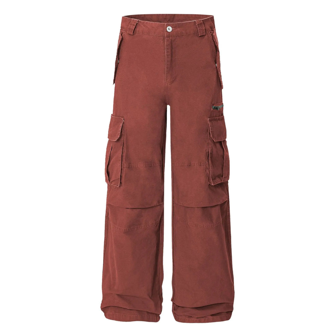 Vextar Terracotta Rust wide-leg relaxed fit cotton cargo pants, front view, featuring multiple buttoned cargo pockets and a thigh zipper.