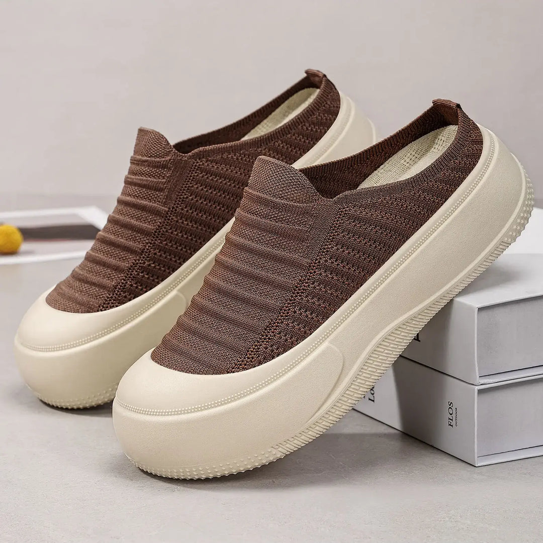A pair of brown Vimera casual platform mules with a finely ribbed knit upper and a chunky, light creamy beige sole, shown from a three-quarter angle.