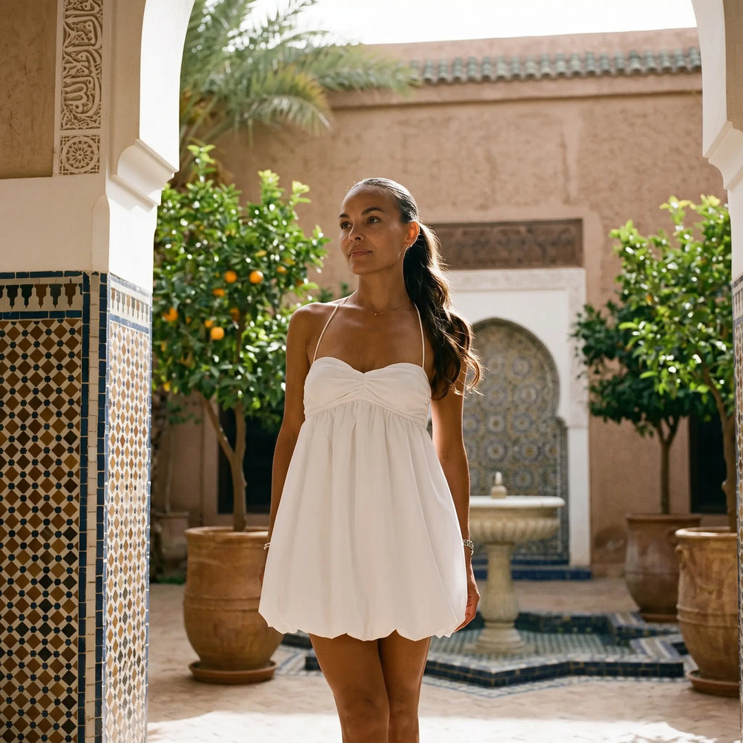 A woman models a white halterneck mini dress with a ruched bodice and voluminous bubble hem, standing in a sunlit courtyard with traditional Moroccan-style tiles and lush greenery.