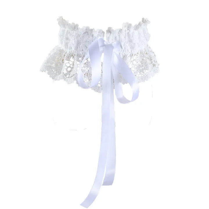 Elegant white floral lace cummerbund belt with adjustable satin ribbon ties, offering a sophisticated waist-cinching statement.