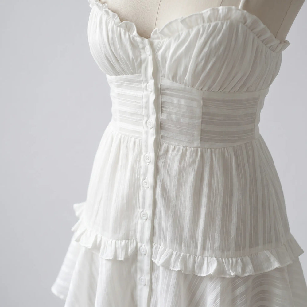 Close-up of a white sheer cotton voile mini dress featuring a sweetheart neckline with delicate ruffles, button-front closure, and a tiered ruffled skirt with subtle vertical stripes.