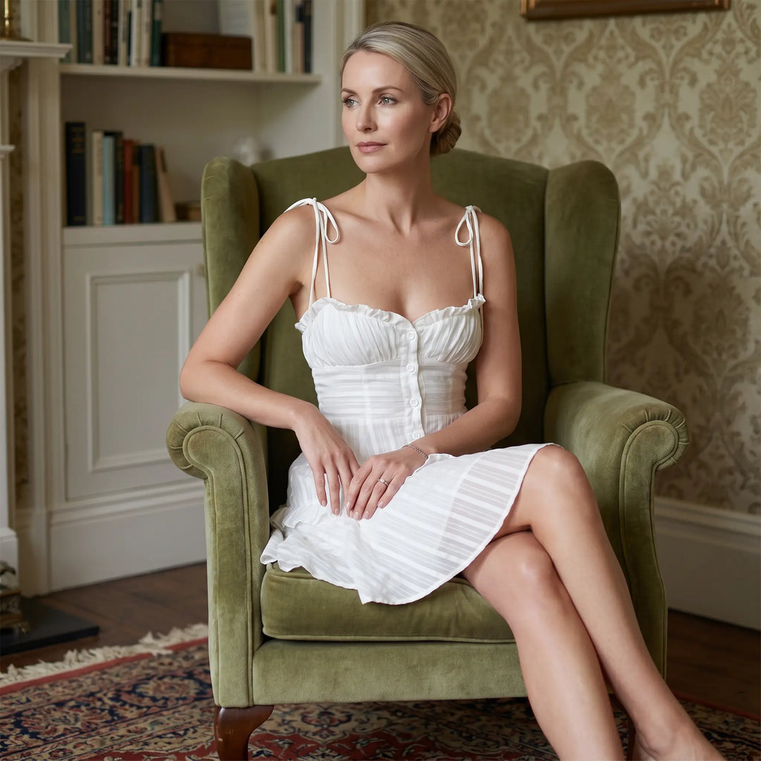 Woman wearing a white tiered ruffled mini dress with spaghetti straps and button front, sitting elegantly in a green armchair in a classically decorated room. The sheer cotton voile fabric features subtle vertical stripes.
