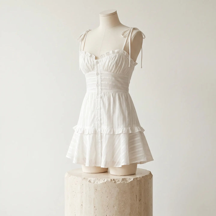 White sheer striped cotton voile mini dress with ruffled sweetheart neckline, adjustable spaghetti straps, button front, and tiered ruffled skirt, displayed on a mannequin.