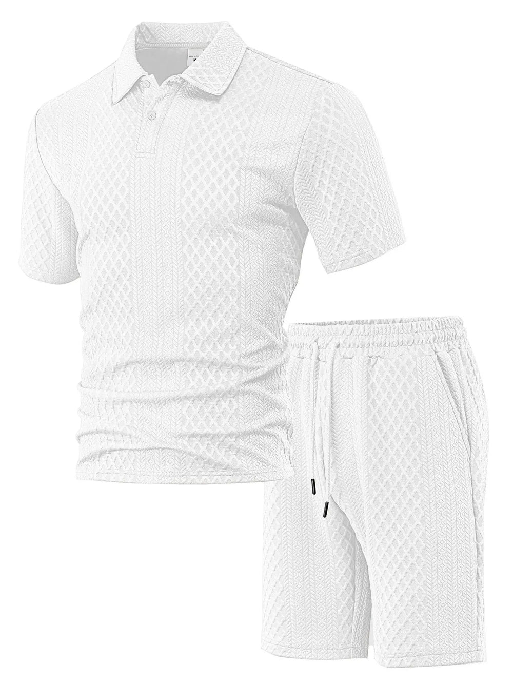 Men's white textured jacquard knit polo shirt and shorts set, featuring a repeating diamond pattern and relaxed fit.