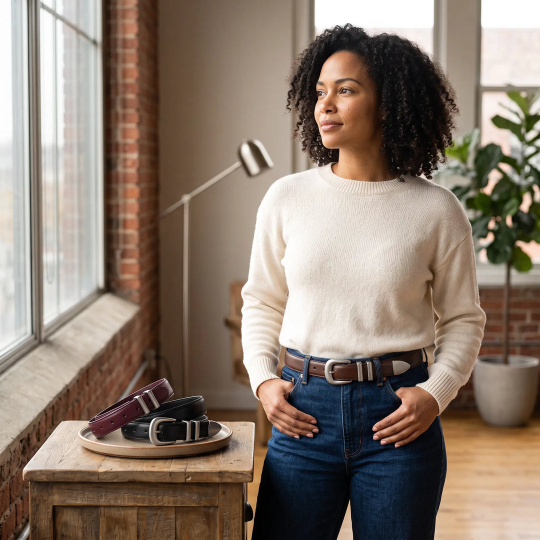 A woman styled in a classic leather belt with an antiqued silver buckle stands in a modern loft setting, with additional belts showcased on a side table.