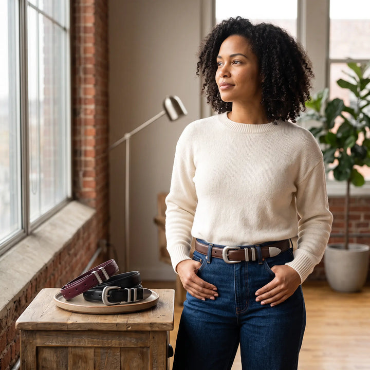 A woman styled in a classic leather belt with an antiqued silver buckle stands in a modern loft setting, with additional belts showcased on a side table.